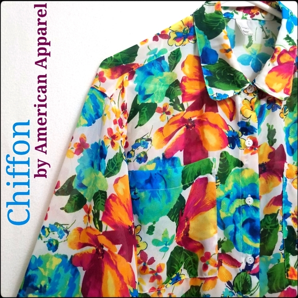 Vibrant Floral Blouse, Semisheer Fabric, Buttoned Front, One Size fits Most. - Picture 2 of 14